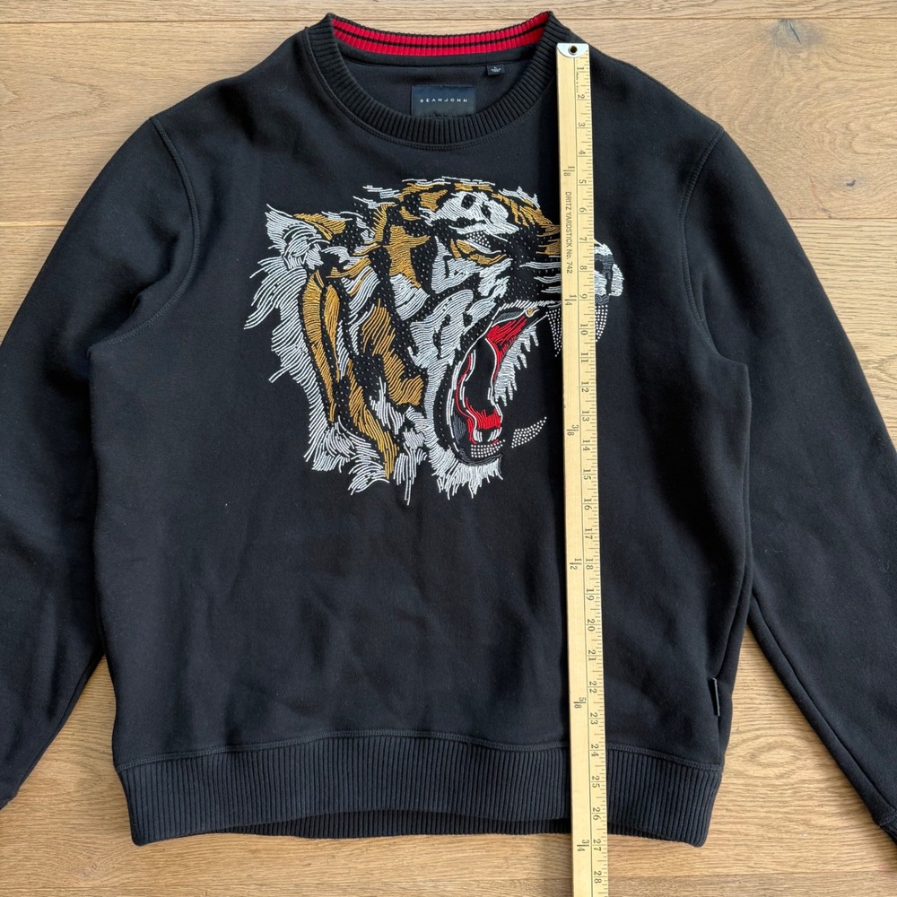 Sean John Mens Black Tiger Embroidered Crewneck Sweatshirt Large Studded Graphic - Picture 8 of 8